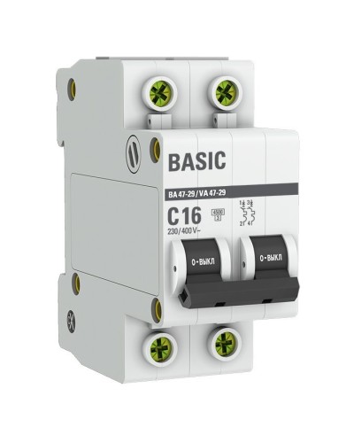 Автоматический выключатель 2P 16А (C) 4,5кА ВА 47-29 Basic (mcb4729-2-16C). Автоматический выключатель. EKF в Хасавюрте