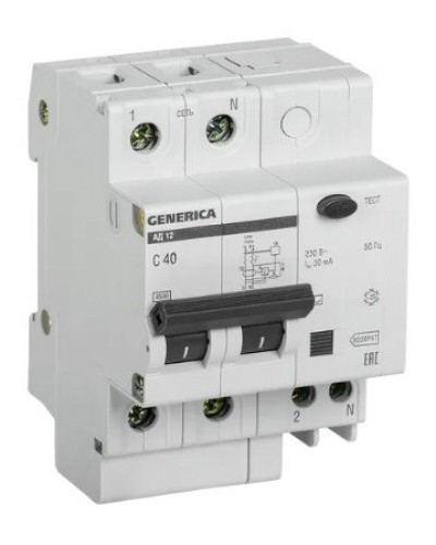 GENERICA АД12 2Р 40А 30мА (MAD15-2-040-C-030). Автоматический выключатель дифференциального тока. IEK в Хасавюрте
